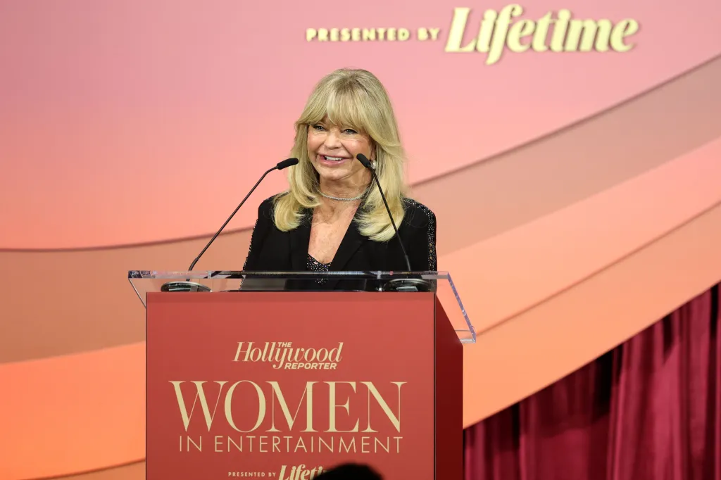 Goldie Hawn speaking onstage at The Hollywood Reporter Women In Entertainment event.