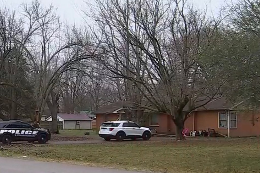 Police cars outside a house where a grandfather and granddaughter were found dead after a dog attack.