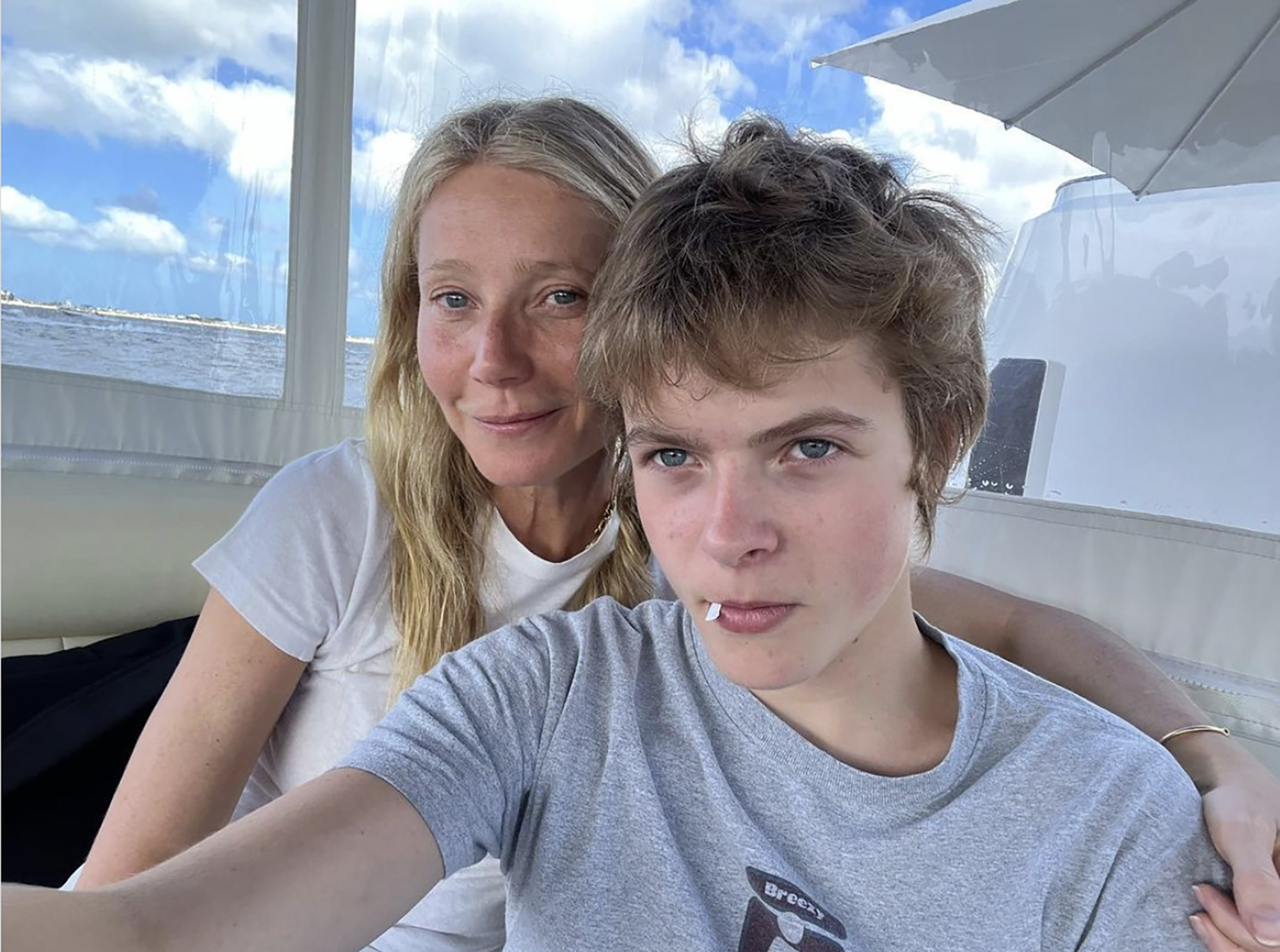 Gwyneth Paltrow with her son Moses Martin on a boat.