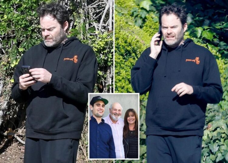 Bill Hader anxiously paces, makes tense phone call after news of party tiff with Nick Reiner