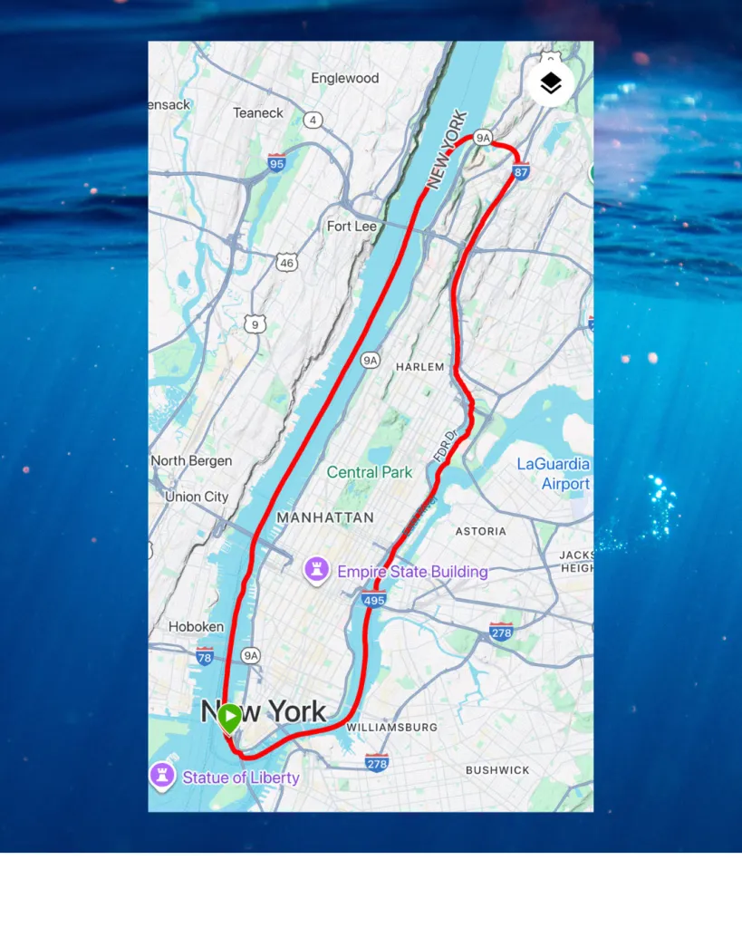 Map showing his swimming route around Manhattan.