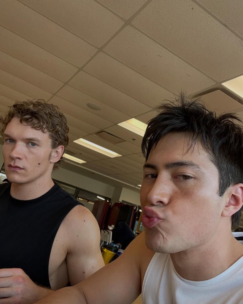 Hudson Williams and Connor Storrie in a selfie, with Storrie making a duck face.