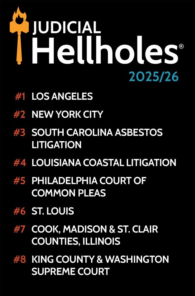 Illustration of the top 8 Judicial Hellholes for 2025/26, with Los Angeles ranked first.