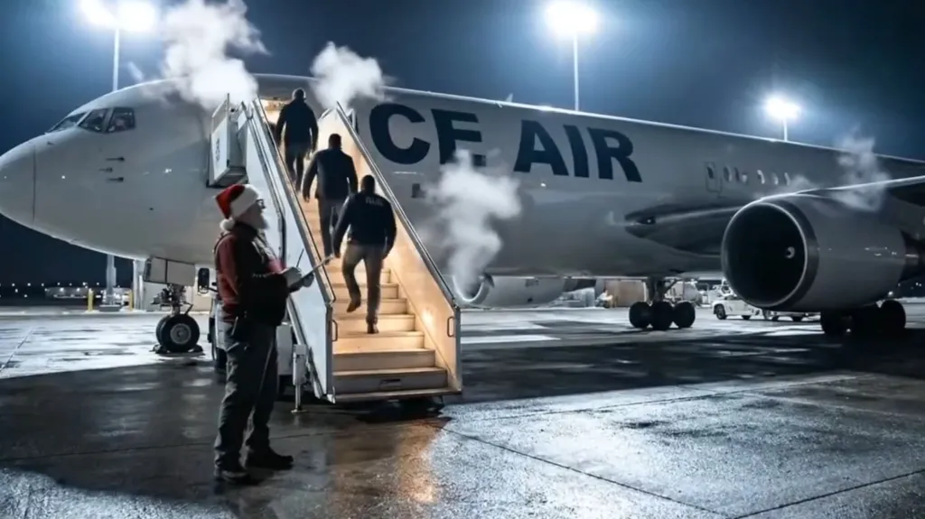 Santa Claus next to an ICE Air plane from which people are disembarking.