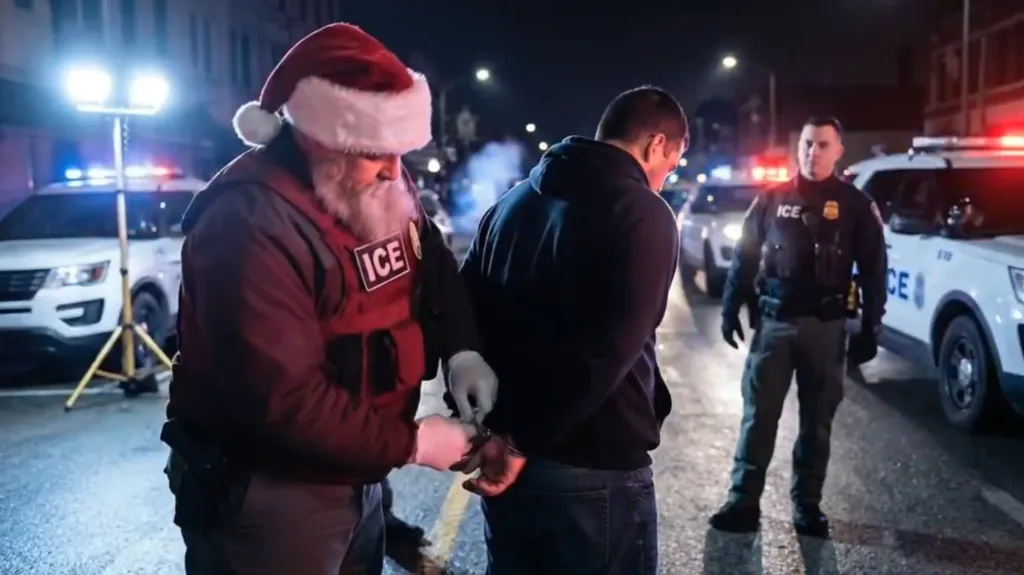 Santa Claus directs migrants up the stairs of an 