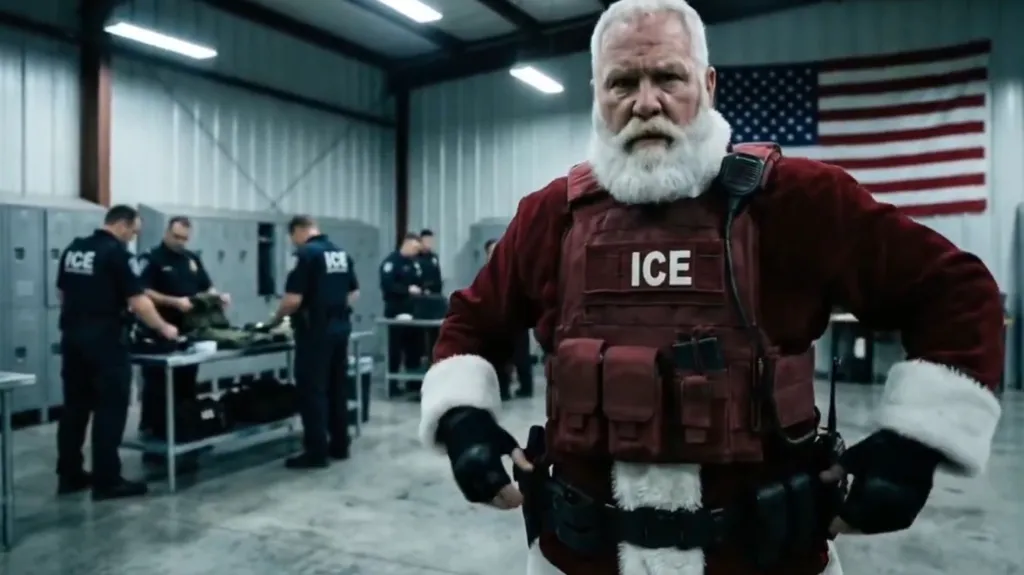 Santa Claus wearing an ICE tactical vest and adjusting his belt in an armory with other ICE agents.