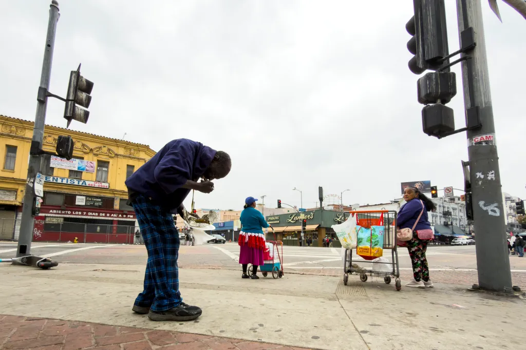 People in MacArthur Park in Los Angeles.