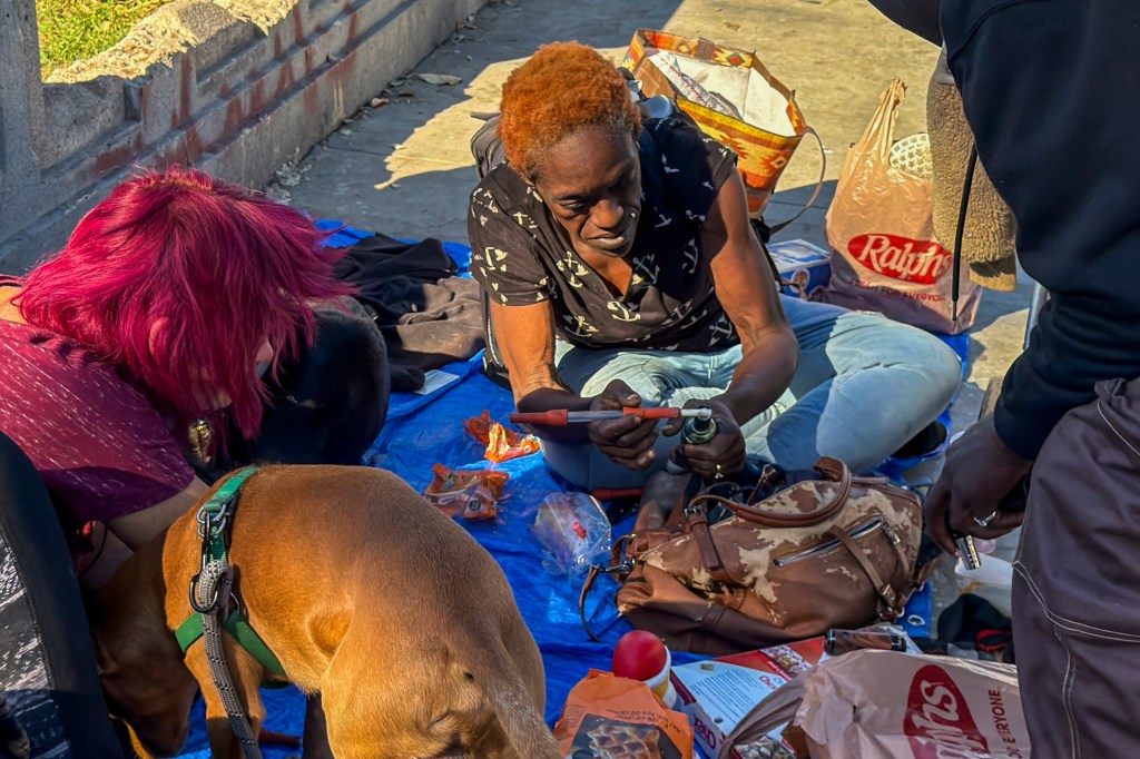 Three homeless people and a dog resting at MacArthur Park.