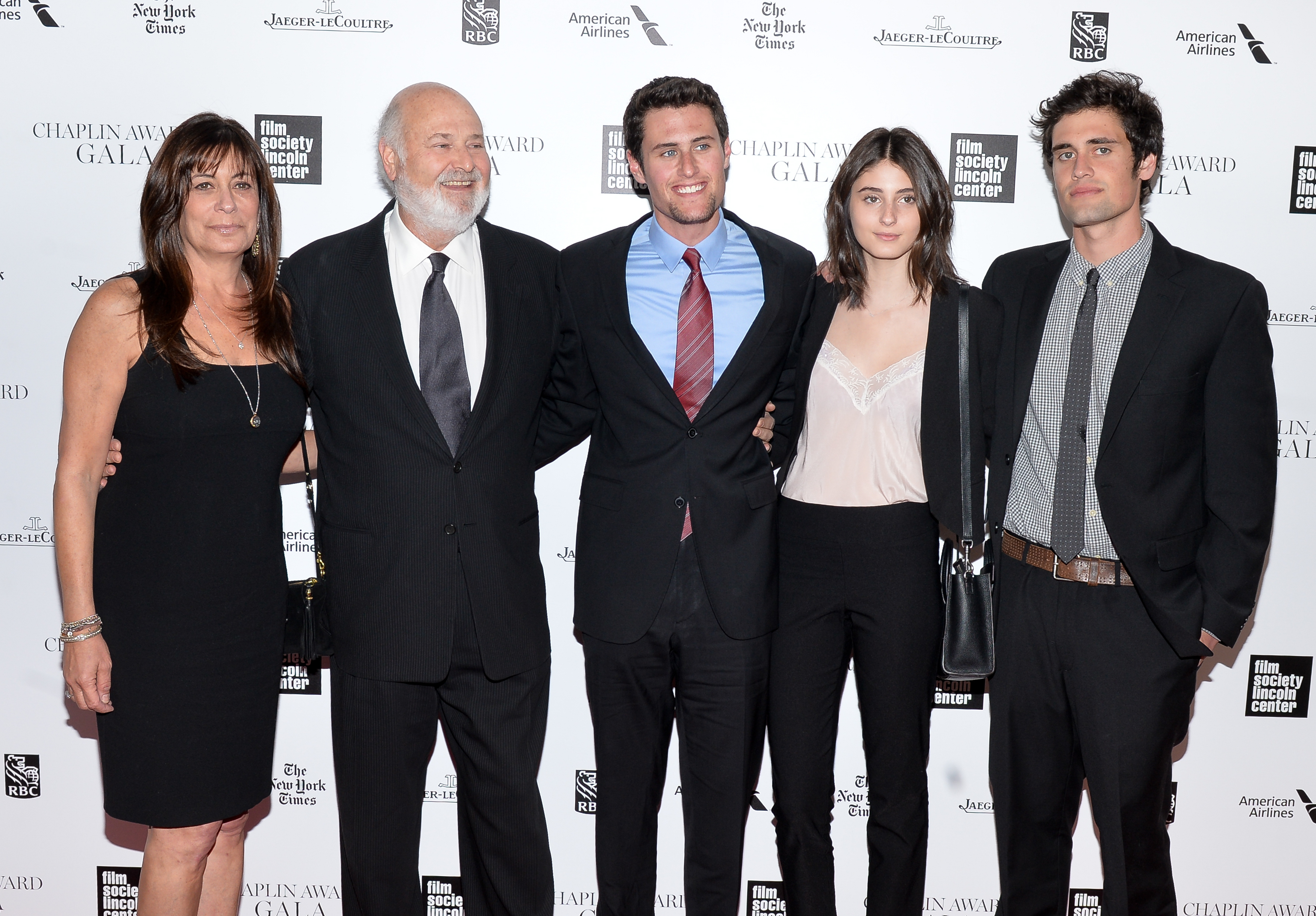 Rob Reiner, Michele Reiner, and their children Jake Reiner, Romy Reiner, and Nick Reiner posing at the 41st Annual Chaplin Award Gala.
