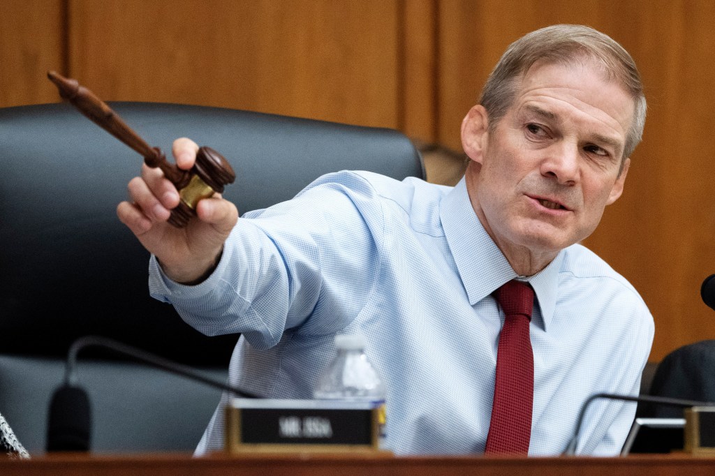 Rep. Jim Jordan pointing with a gavel during a House Judiciary Committee hearing.