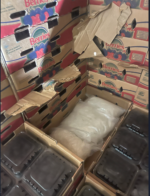 Georgia Bureau of Investigation agents, assisted by the FBI, recovered about 924 pounds of methamphetamine concealed in pallets of blackberries.