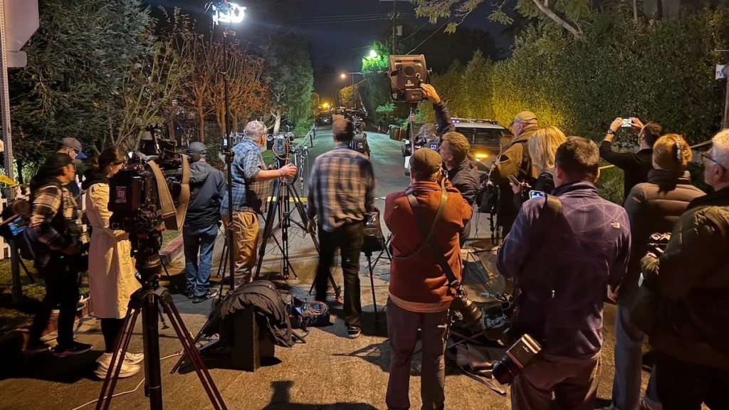 Media gather outside the Reiner's home in Brentwood (photo by Sharon Waxman)