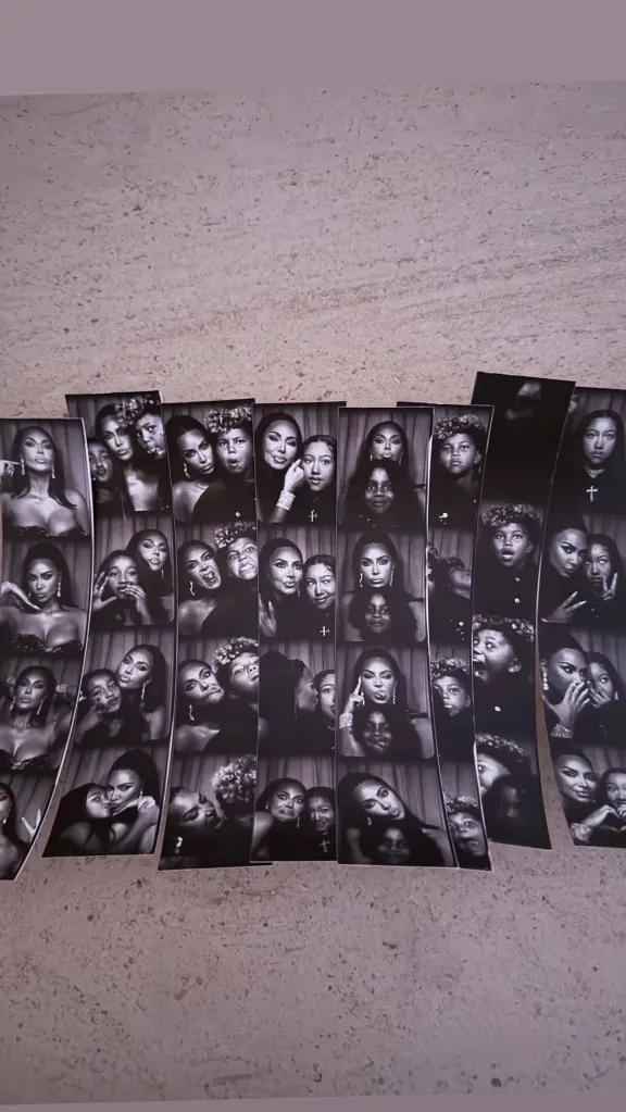 Black and white photo booth strips of the Kardashian-Jenner family members making various expressions.