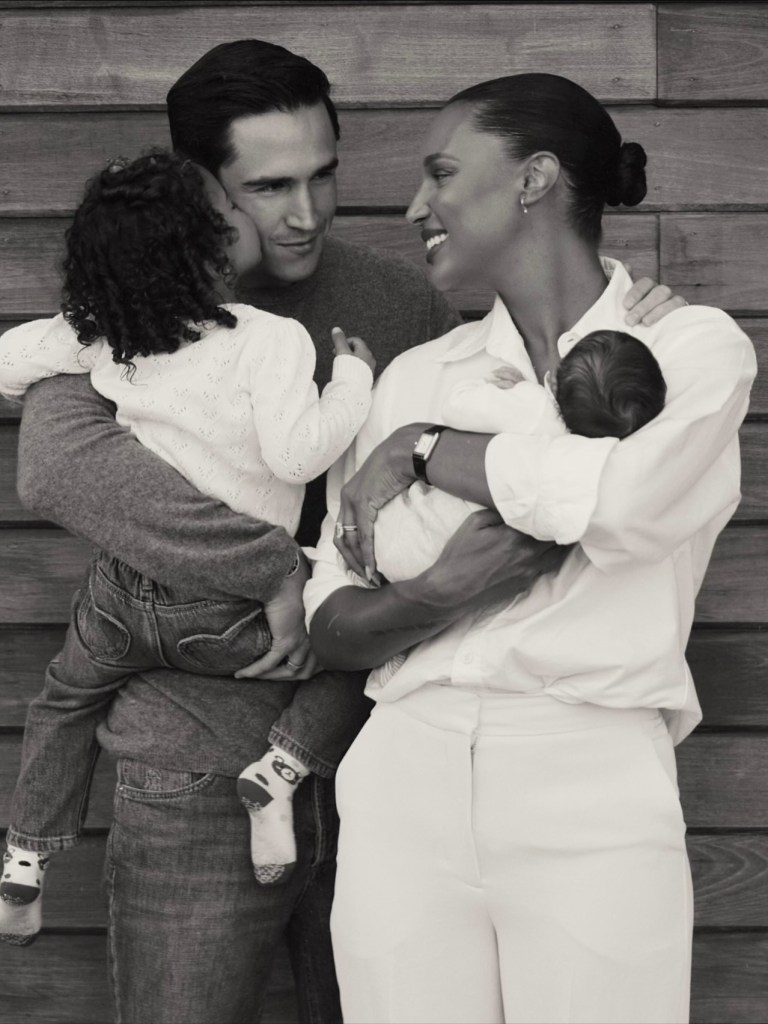 Jasmine Tookes with her husband Juan David Borrero, their daughter Mia, and their newborn son Mateo.