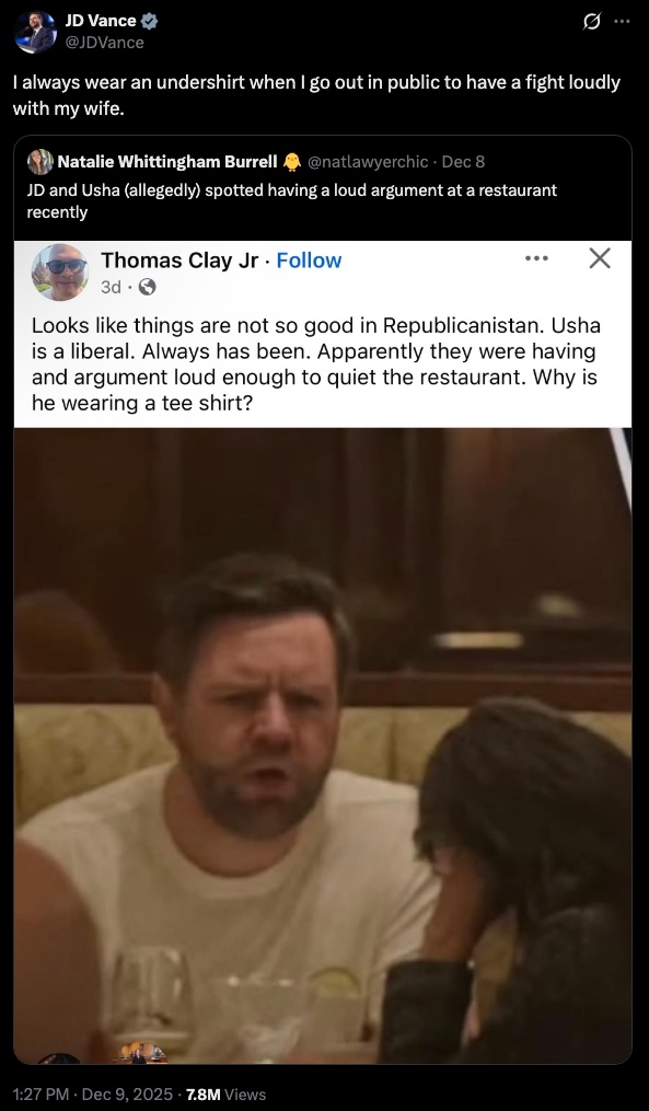 JD Vance's tweet mocking claims he was yelling at his wife, showing a photo of a man in a t-shirt making a face.