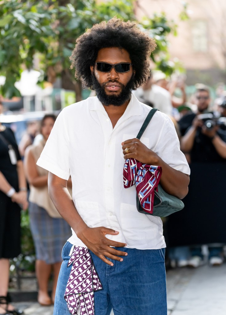 Jeremy O. Harris arriving at the Tory Burch fashion show.