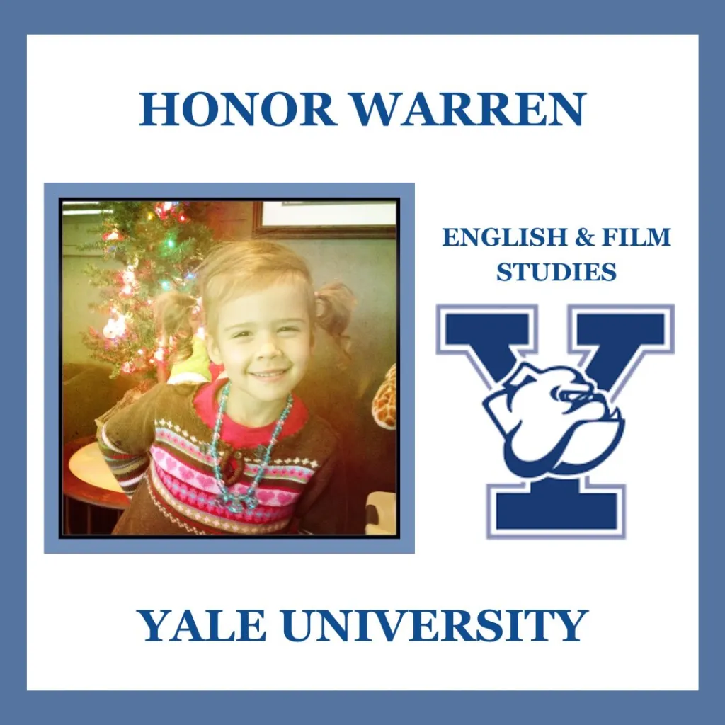 Collage of Honor Warren's college announcement for English & Film Studies at Yale University, featuring a photo of her as a child and the Yale bulldog logo.