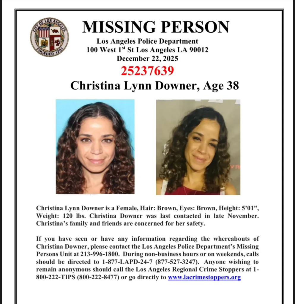 Missing person flyer for Christina Lynn Downer, age 38, with two photos of her and contact information for the Los Angeles Police Department.