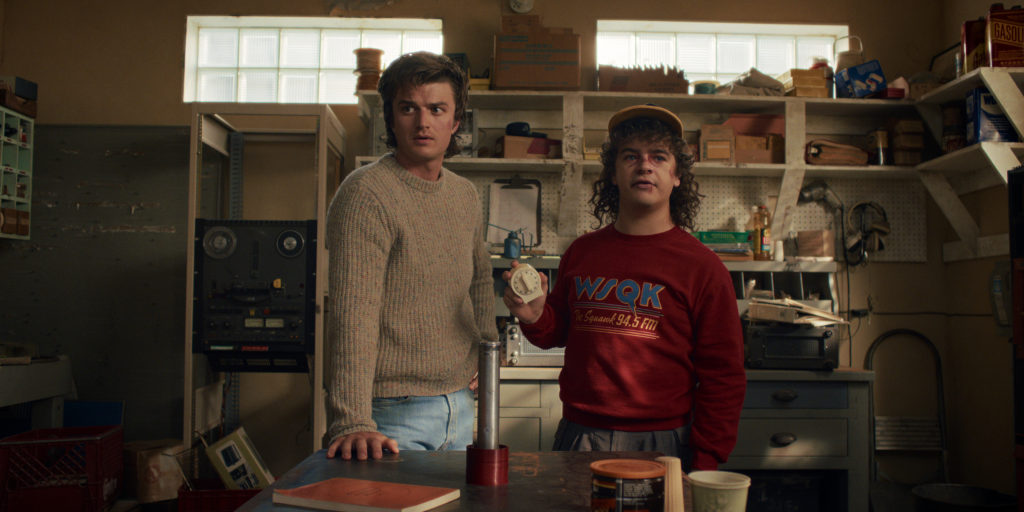 Joe Keery as Steve Harrington and Gaten Matarazzo as Dustin Henderson in Stranger Things: Season 5.