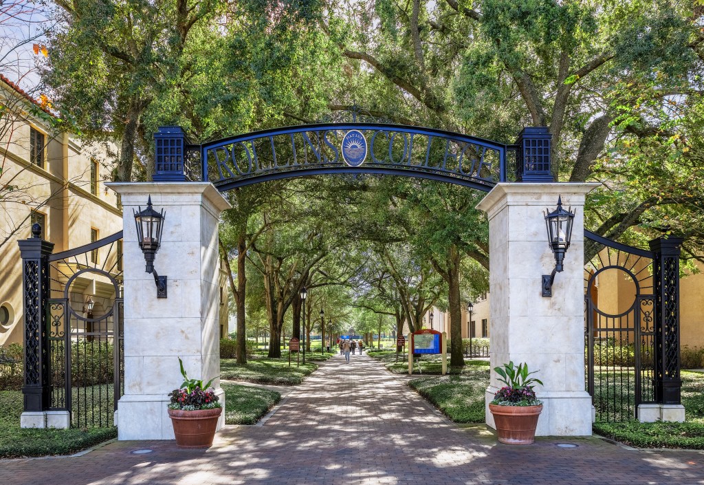 Entrance gate to Rollins College campus in Winter Park, Florida.
