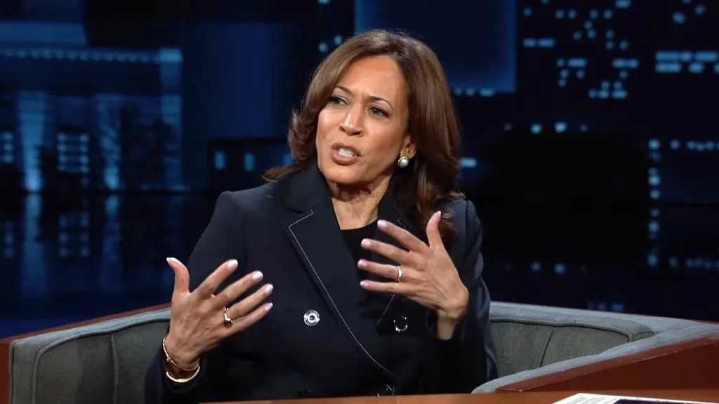 Kamala Harris speaking and gesturing on Jimmy Kimmel Live!