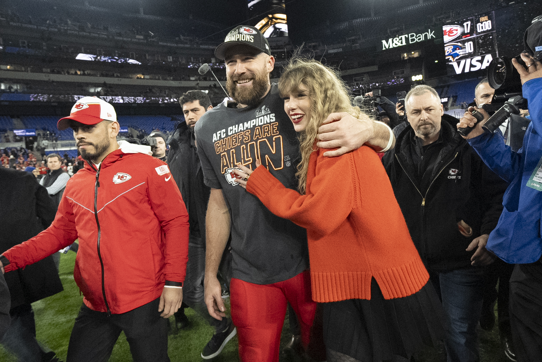 Travis Kelce and Taylor Swift celebrating the Chiefs' AFC Championship win against the Baltimore Ravens.