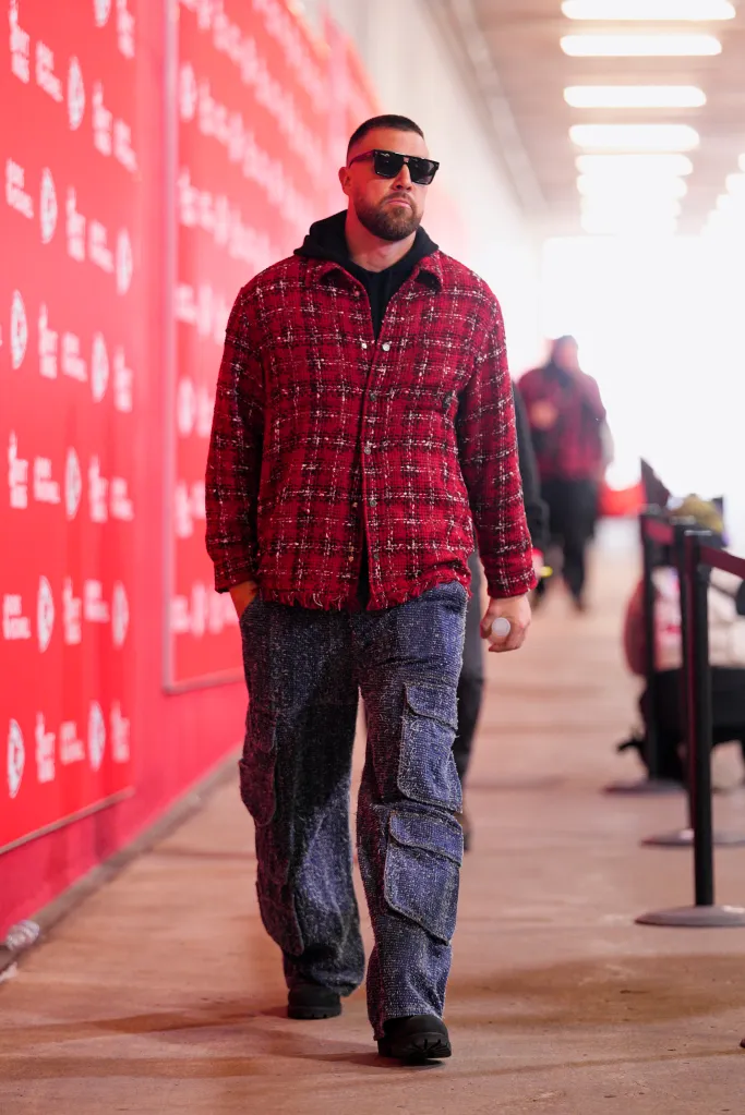 Travis Kelce arriving at GEHA Field at Arrowhead Stadium.