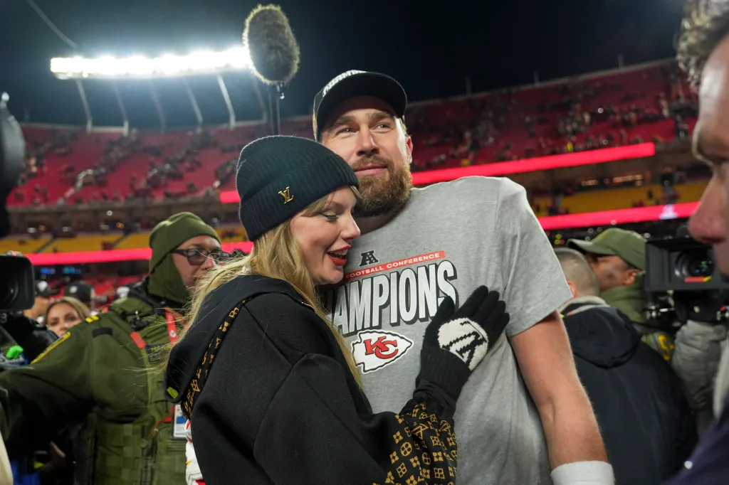Brittany Mahomes, Taylor Swift, and Donna Kelce celebrate after the Kansas City Chiefs defeated the Buffalo Bills in the AFC Championship Game.