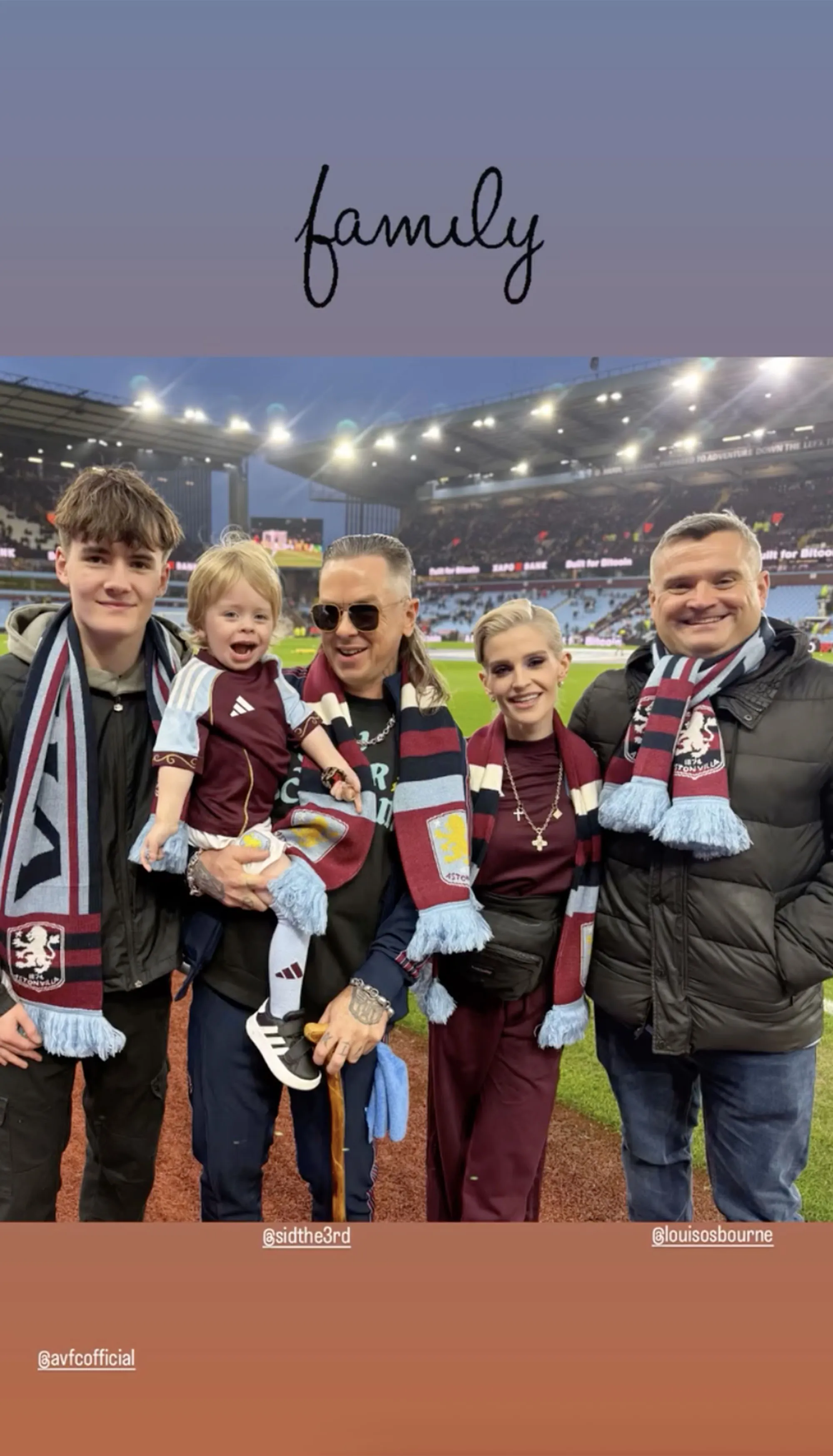Kelly Osbourne, Louis Osbourne, and family members wearing Aston Villa scarves at a soccer game.