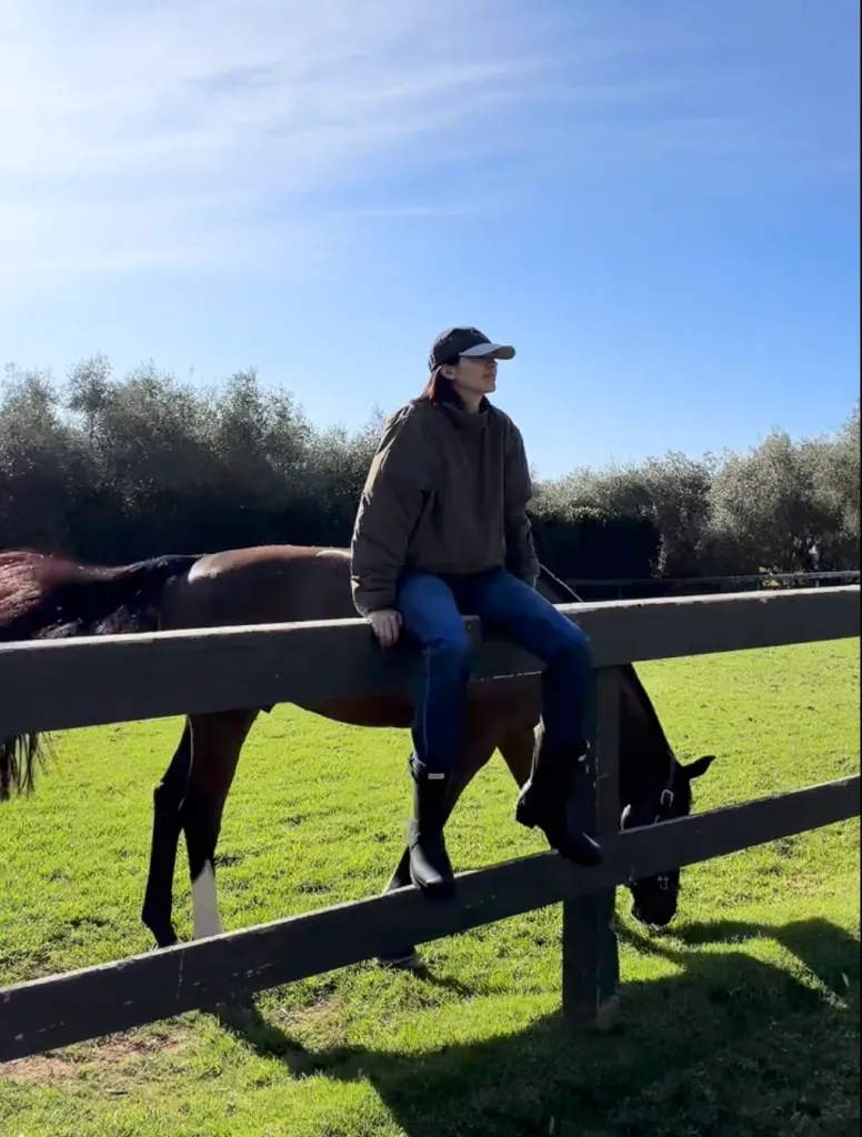 Kendall Jenner sitting on a fence with a horse.