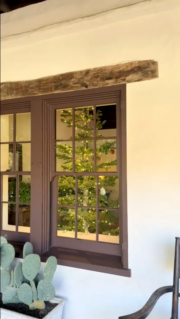 A Christmas tree decorated with lights and ornaments visible through a window.