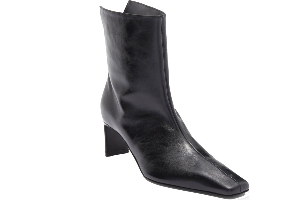 A black leather boot with a square toe and a block heel.