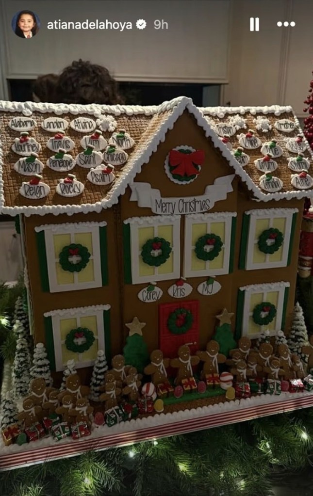 Gingerbread house with names of the Kardashian-Jenner family members and friends on the roof.