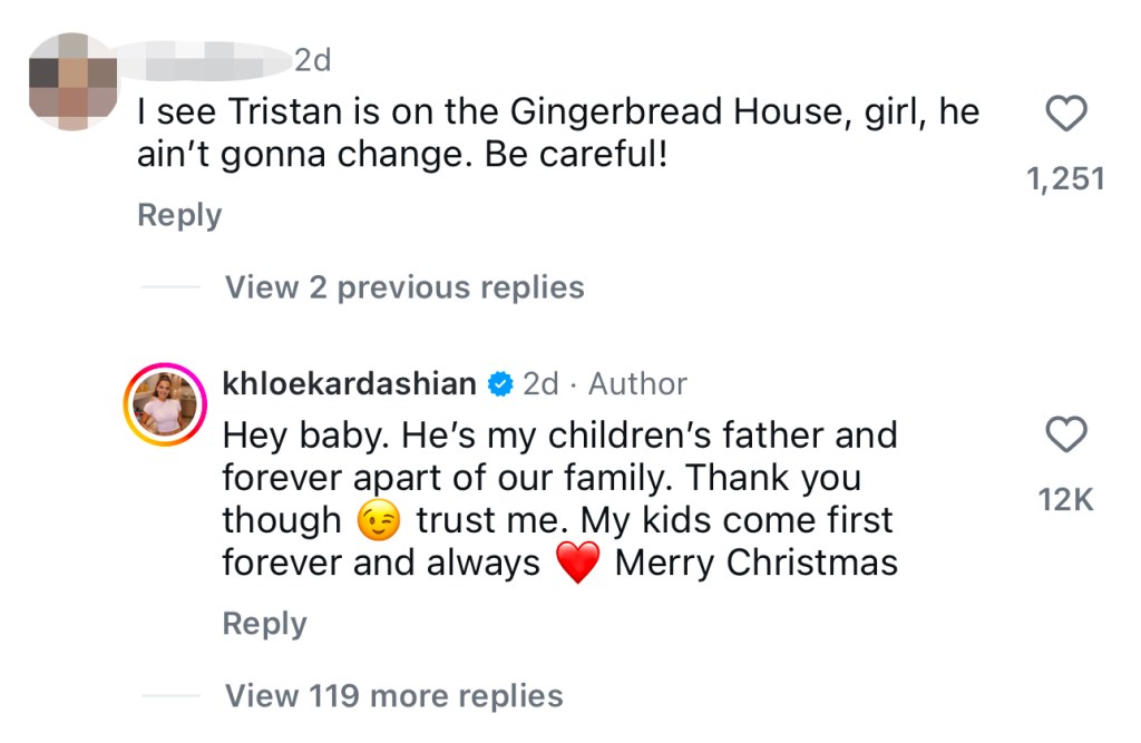Khloé Kardashian replying to a comment about Tristan Thompson.