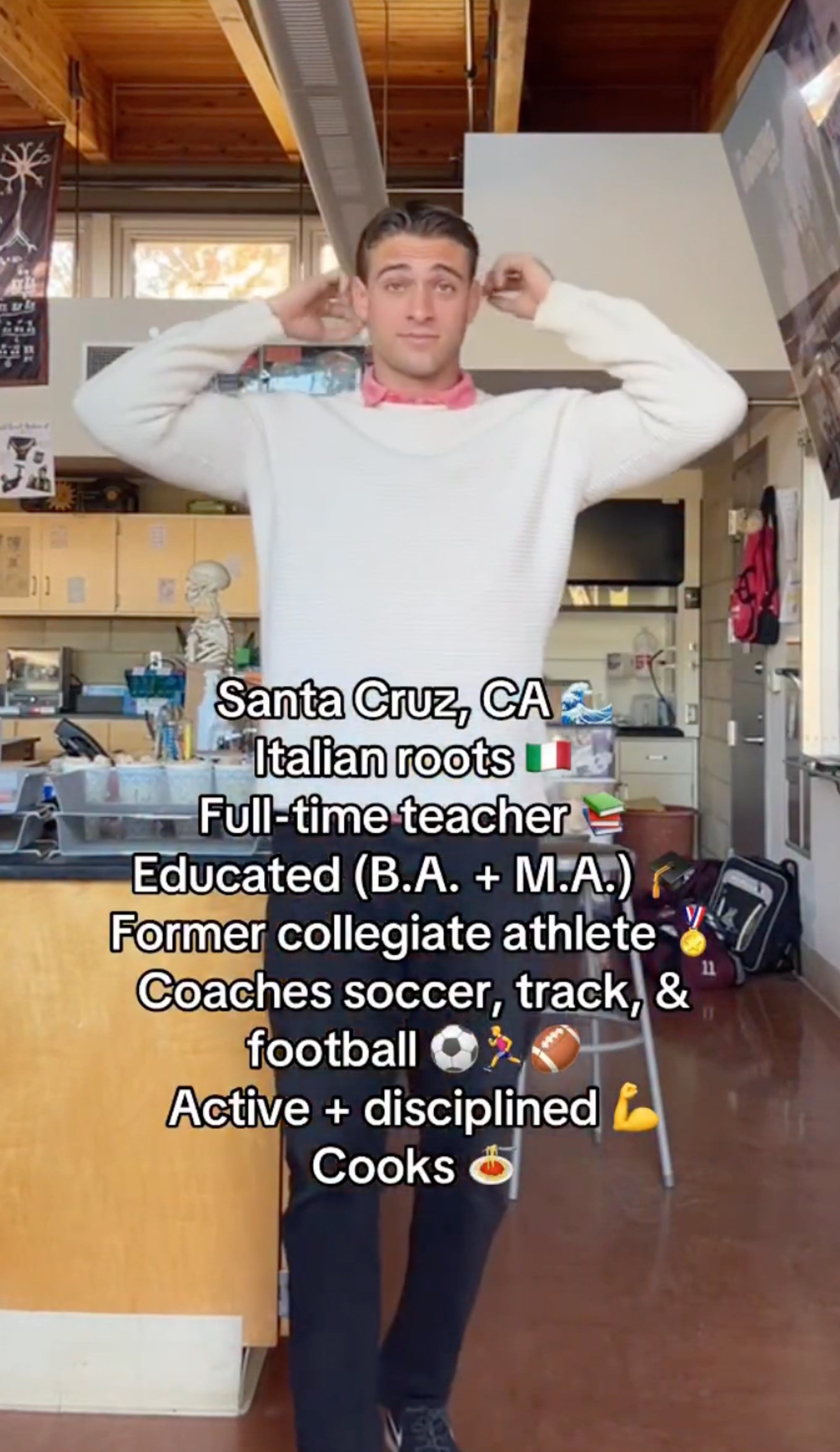 Man standing in a classroom with text overlay listing his qualities.