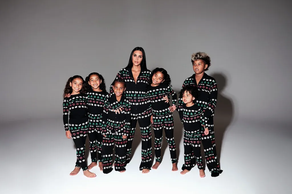 Kim Kardashian and her family in matching Christmas pajamas.