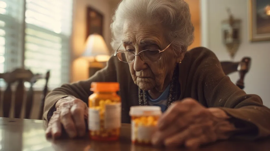 Illustration of an elderly woman looking at medication bottles.