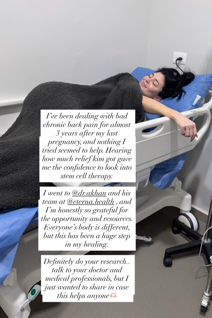 Kylie Jenner lying on a hospital bed with text about stem cell therapy for chronic back pain.