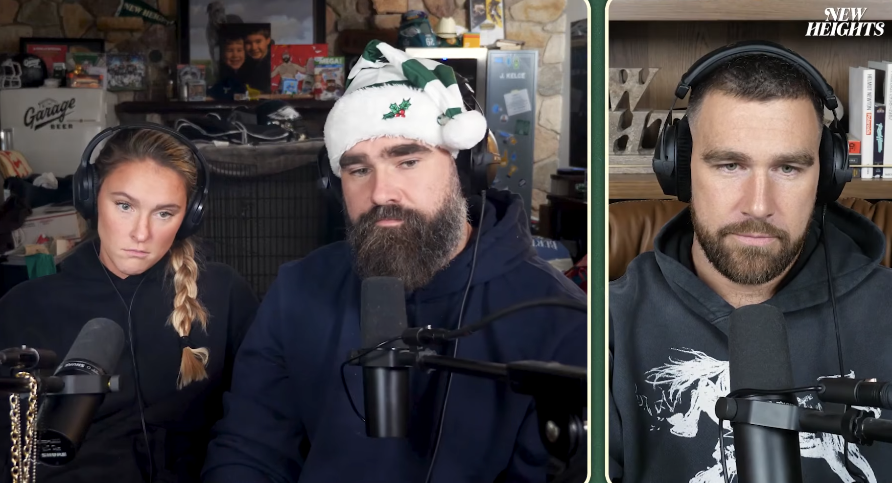 Collage of Kylie Kelce, Jason Kelce, and Travis Kelce on the New Heights podcast.