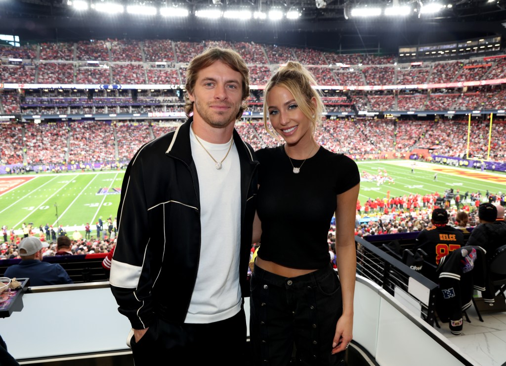 Braxton Berrios and Alix Earle attend Super Bowl LVIII Pregame.