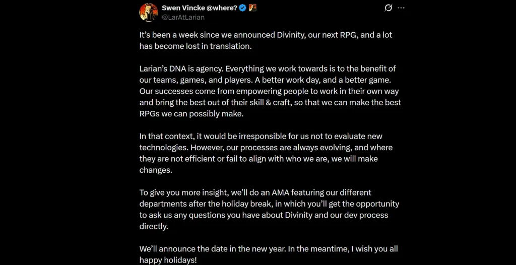 Larian CEO Announces Reddit AMA