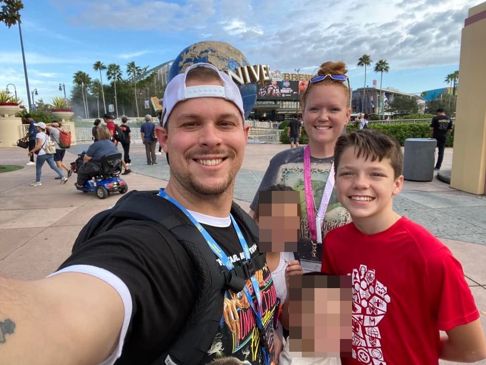Larry and Jana Marie Williams, of Florida, with their children, including their son Gabriel Williams, at a theme park.