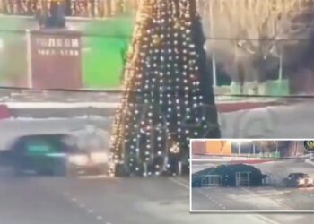Joyride ends in disaster as driver smashes into towering Christmas tree in Kazakhstan – and is ordered to fix it