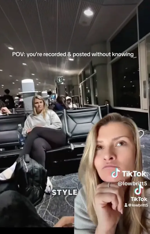 A woman recording herself with a phone while secretly filming another woman sitting across from her at an airport.