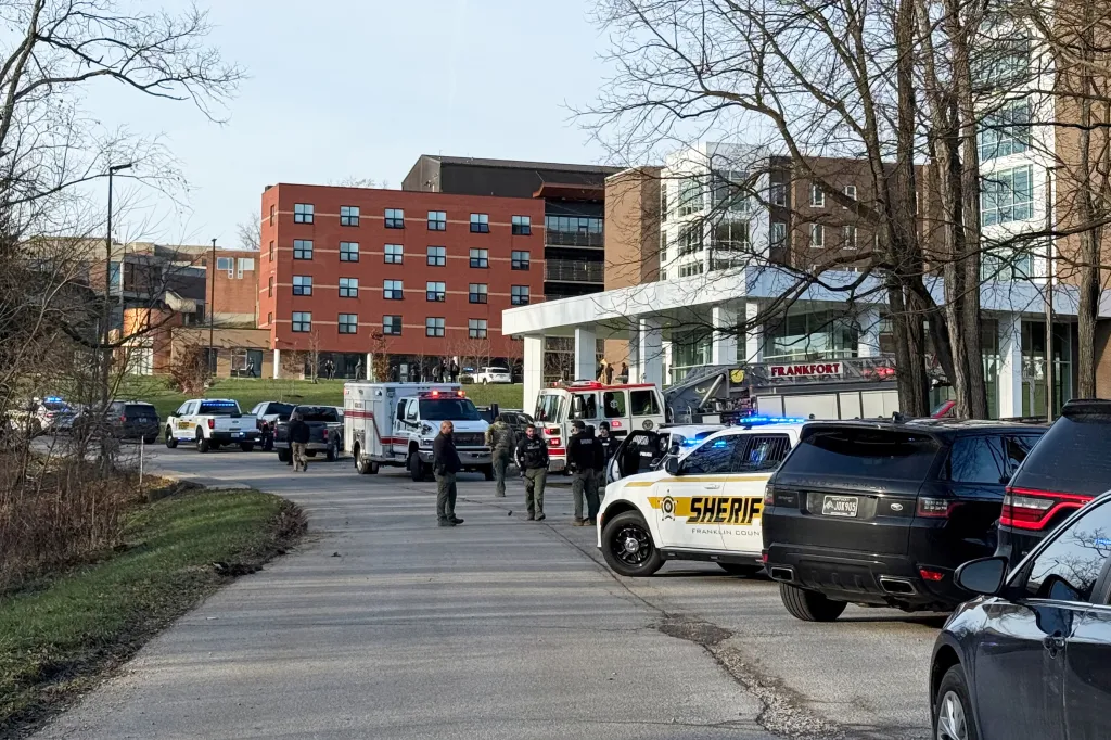 Law enforcement and emergency vehicles respond to a shooting at Whitney Moore Young Jr. Hall on Kentucky State University's campus.