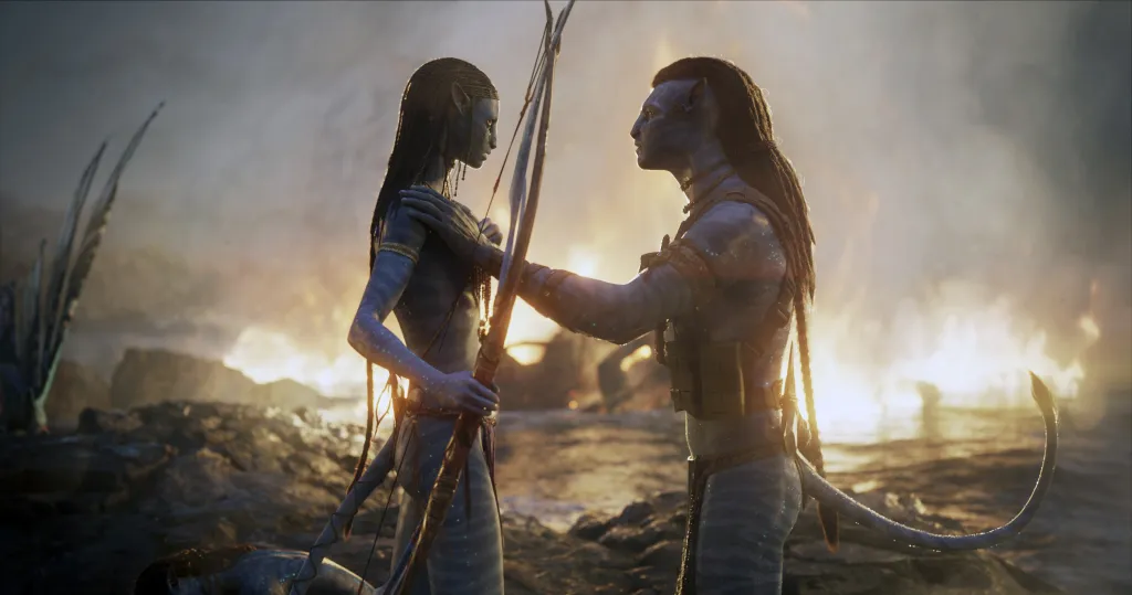 Zoe Saldana as Neytiri and Sam Worthington as Jake Sully in 