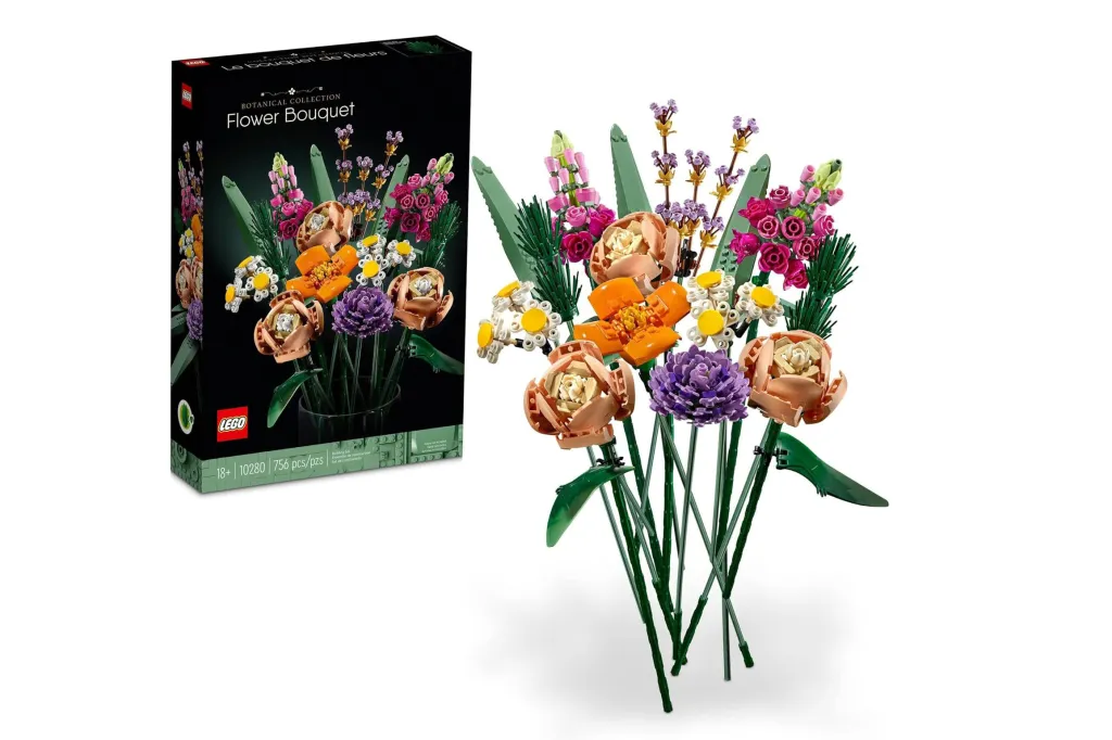 A bouquet of flowers in a vase made of Lego
