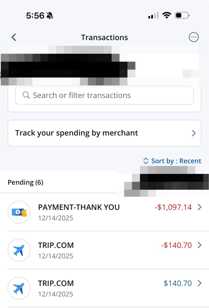 A mobile banking app displaying a $1,097.14 charge and a -$140.70 refund from Trip.com, with a later $140.70 charge from Trip.com.