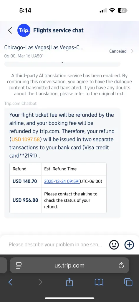 Screenshot of a travel service chat showing a USD 1097.58 refund for a canceled flight, broken into two transactions: USD 140.70 with an estimated refund time of 2025-12-24, and USD 956.88 with a note to contact the airline.