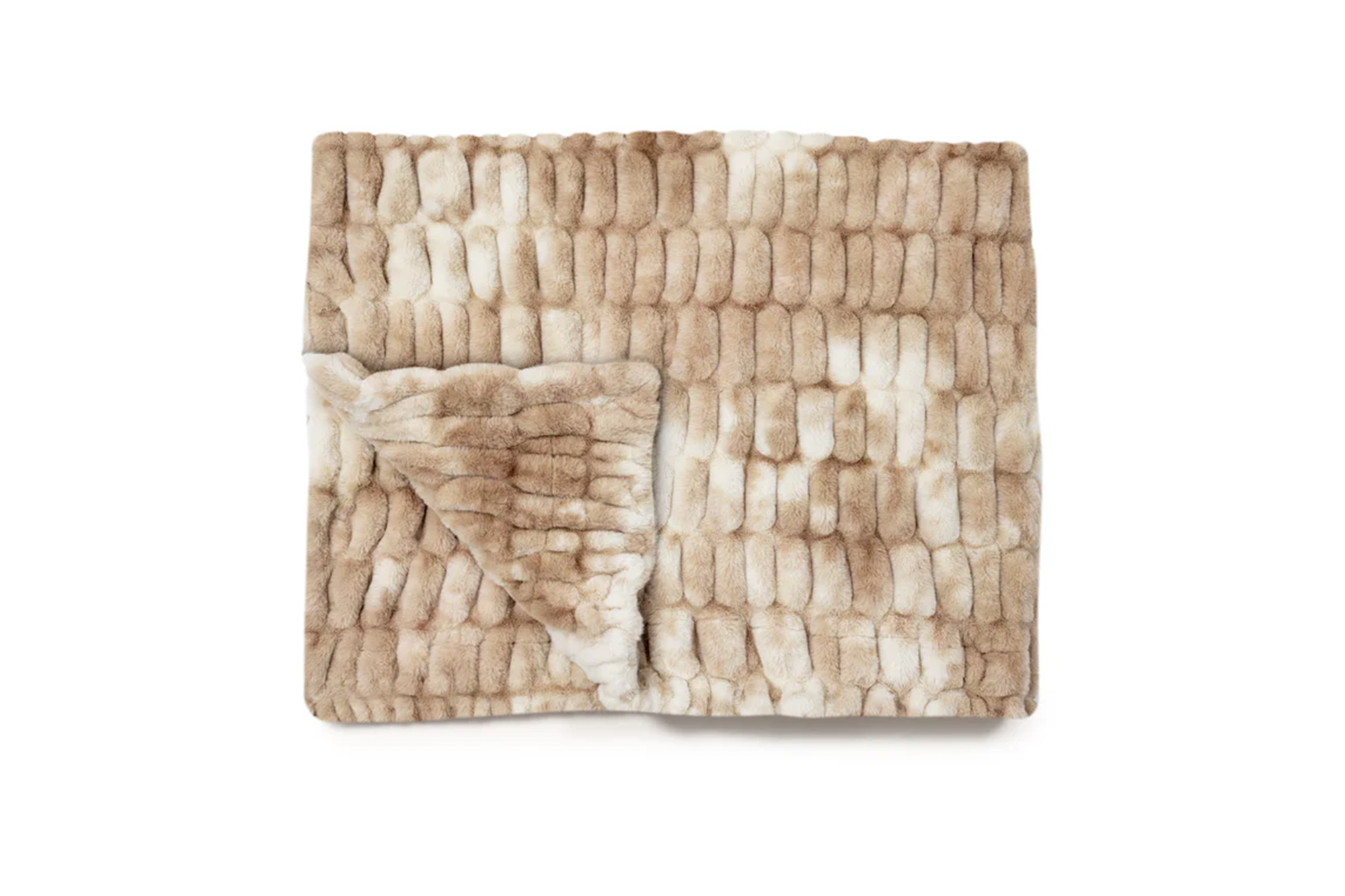 Brown and cream patterned faux fur throw blanket.